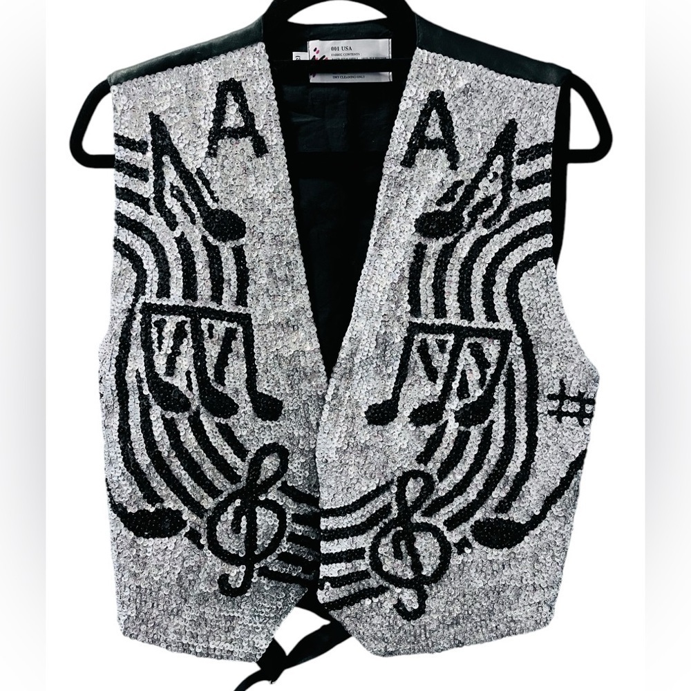 JC USA Vintage 80's Sequin Musical Notes Silver Black Vest Color Block Bling